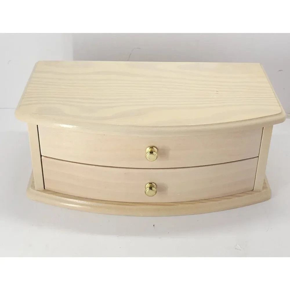 Wood Jewelry Box 2 Drawer Organizer Mirror Ring Storage Pink Lined Wooden Chest